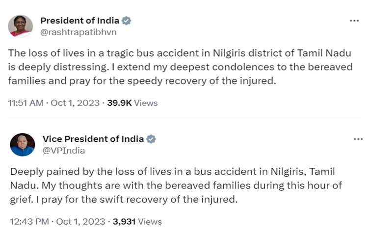 Prez Draupadi Murmu & VP Jagdeep Dhankhar express condolences over the loss of lives in bus accident in Nilgiris, Tamil Nadu