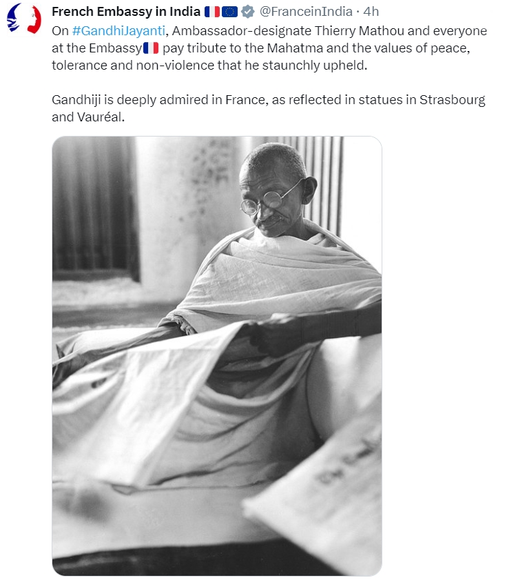 French Embassy in India paid tributes to Mahatma Gandhi on his 154th birth anniversary