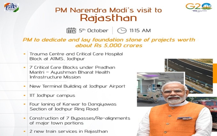 PM Modi to lay foundation stone and dedicate multiple development projects worth about Rs 5000 cr at Jodhpur, Rajasthan on October 5