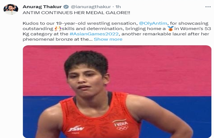 Sports Minister Anurag Thakur congratulates wrestler Antim Panghal for winning Bronze medal at Asian Games