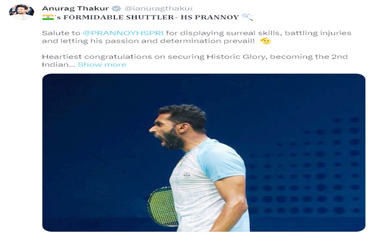 Sports Minister Anurag Singh Thakur congratulates ace shuttler HS Prannoy for winning bronze medal at Asian Games