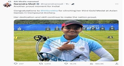 प्रधानमंत्री नरेन्द्र मोदी ने एशियाई खेलों में कंपाउंड तीरंदाज़ी में तीसरा स्वर्ण जीतने पर ज्योति सुरेशा वेन्नम को बधाई दी