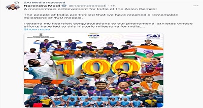 प्रधानमंत्री नरेन्द्र मोदी ने एशियाई खेलों में सौ पदक जीतने पर भारतीय एथलीटों को बधाई दी, मंगलवार को खिलाडि़यों से मुलाकात करेंगे