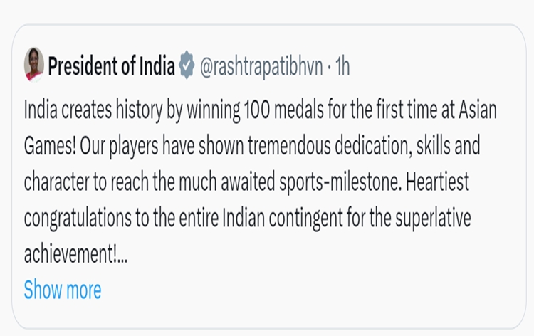 Prez Droupadi Murmu congratulates Indian contingent on winning 100 medals in Asian Games