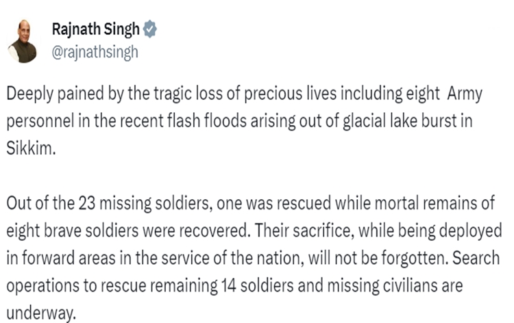 Defence Minister Rajnath Singh expresses grief over the loss of lives, including eight army personnel in Sikkim flash floods