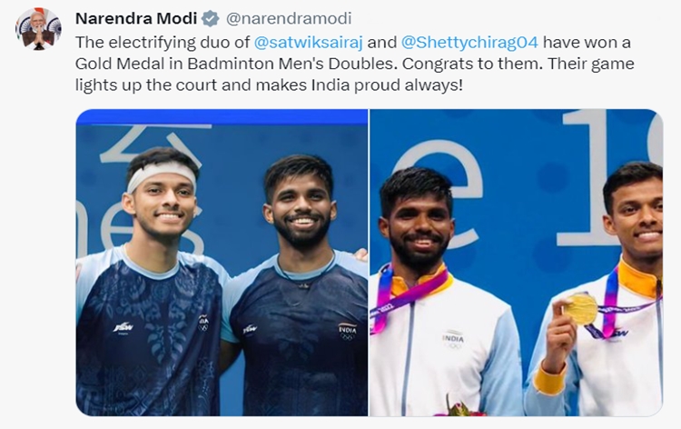 PM Modi congratulates Satwik Sairaj Rankireddy and Chirag Shetty for clinching Gold in Asian Games