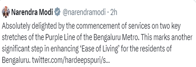 PM Modi expresses delight over commencement of services on two key stretches of Purple Line of Bengaluru Metro