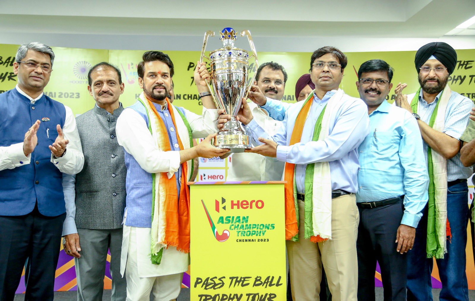 New Delhi: Union Minister Anurag Singh Thakur unveils trophy of 'Asian Champions Trophy Chennai 2023' for men's Hockey
