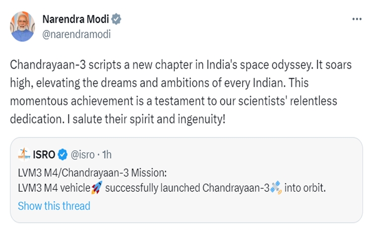 Chandrayaan-3 scripts a new chapter in India's space odyssey, says PM Modi