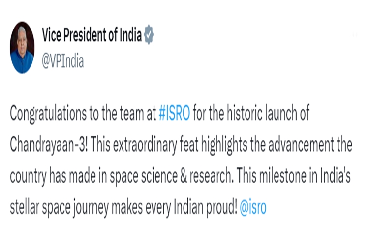 Vice President Jagdeep Dhankhar congratulates team at ISRO for historic launch of Chandrayaan-3