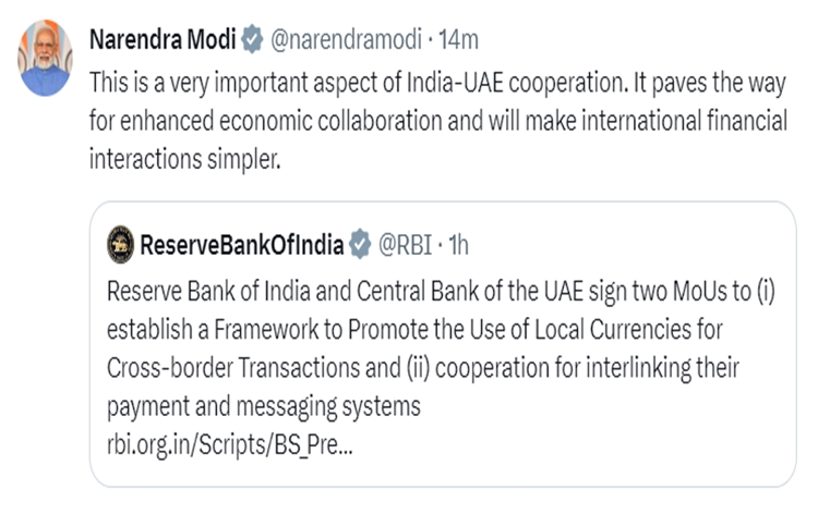 India and UAE Strengthen Economic Cooperation with Dual MoU Signing for Local Currency Settlement and Payment System Interlinking