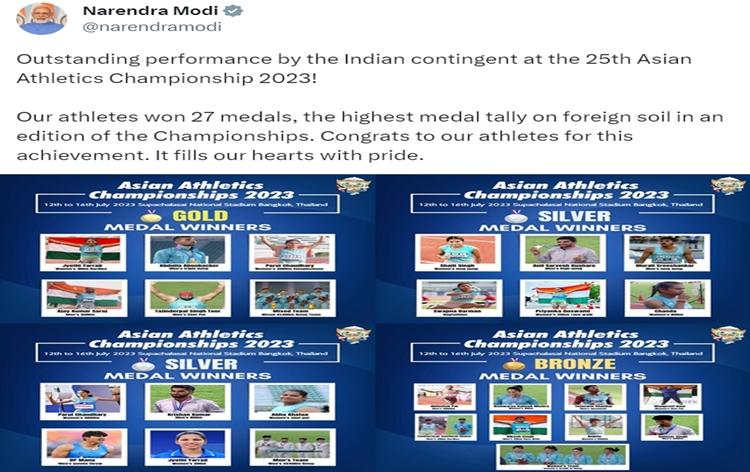 PM Narendra Modi lauds outstanding performance by the Indian contingent at 25th Asian Athletics Championship 2023