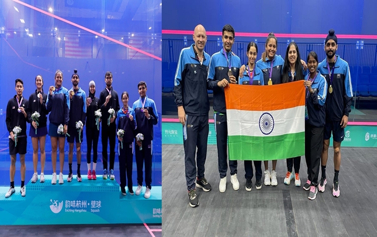 Sports Minister Anurag Singh Thakur congratulates Dipika Pallikal and Harinder Sandhu on their victory at 2023 Asian Squash Mixed Doubles Championships