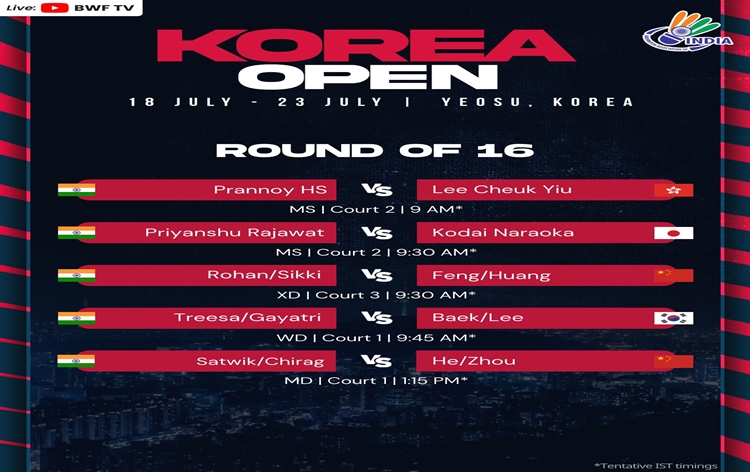 Korea Open: Prannoy, Priyanshu Rajawat & Doubles pair of Satwiksairaj, Chirag Shetty to play their pre-quaterfinal matches today