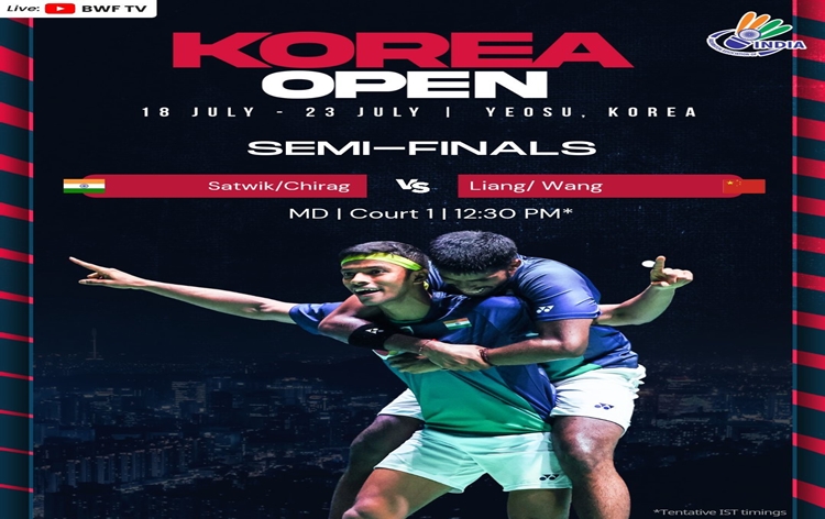 In Badminton, Indian pair of Satwiksairaj Rankireddy and Chirag Shetty to be in action in Men's Doubles semifinal of Korea Open this afternoon