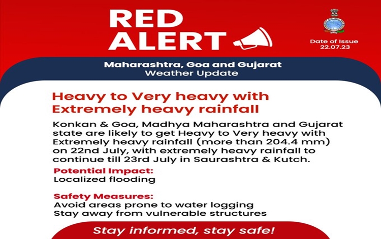 MeT Office issues red alert warning of extremely heavy rain over Goa, Konkan, Madhya Maharashtra and Gujarat today and tomorrow.