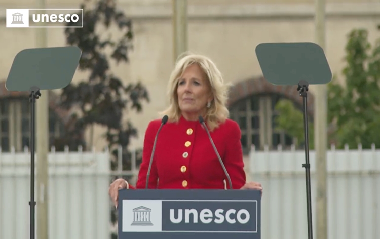 US first lady Jill Biden attends flag-raising ceremony at UNESCO in Paris; Washington officially re-enters UN agency after five-year hiatus