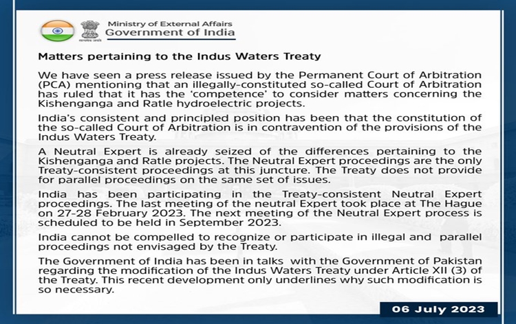 India reiterates constitution of so-called Court of Arbitration is in contravention of provisions of Indus Waters Treaty