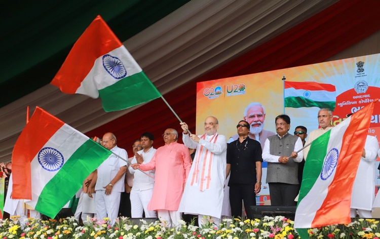 Union Home Minister Amit Shah flags off Tiranga Yatra as part of Meri Mati Mera Desh campaign from Ghatlodia, Ahmedabad