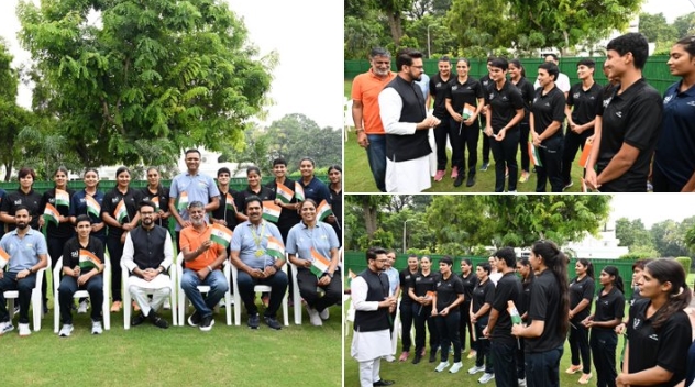Union Minister Anurag Singh Thakur today sent off Indian Women's Handball team at his residence in Delhi for upcoming Olympic Qualifier