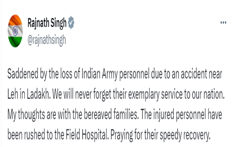Defence Minister Rajnath Singh expresses sadness on loss of Indian Army personnel due to an accident near Leh in Ladakh