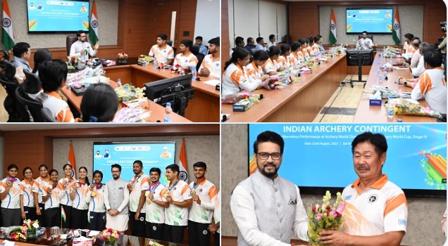 Sports Minister Anurag Singh Thakur felicitates Archery World Championships 2023 and World Cup, Stage 4 medalist