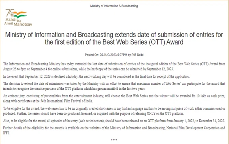 I&B Ministry extends last date of submission for Best Web Series (OTT) Award