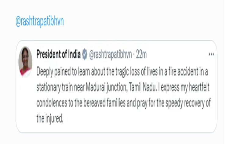 President, Vice Presiden & Home Minister express grief over loss of lives in train fire accident in Tamil Nadu