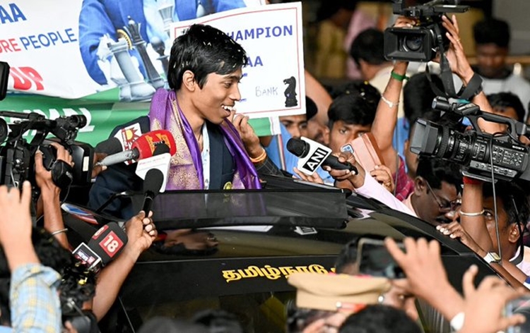 Indian Chess grandmaster Praggnanandhaa receives rousing welcome on his arrival at Chennai Airport