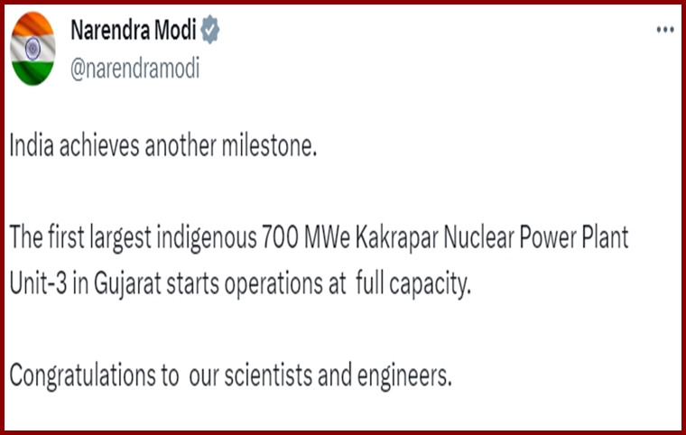 PM congratulates scientists and engineers as first indigenous 700 MWe Kakrapar Nuclear Power Plant begins in Gujarat