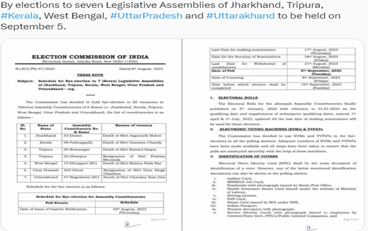 EC announces schedule for assembly by-election in six states