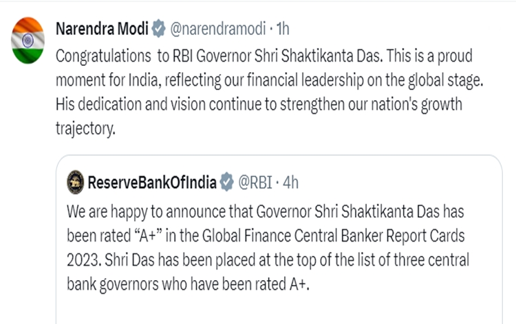 PM Modi congratulates RBI Governor Shaktikanta Das on being Top-ranked in Global Finance Central Banker list