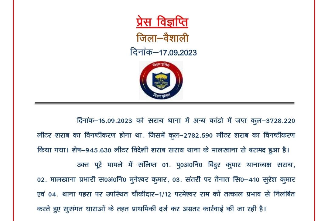 बिहार: थाना में जब्त कर रखी गई शराब को बेचने के आरोप में थाना प्रमुख निलंबित
