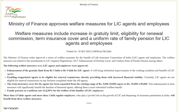 Finance Ministry approves various welfare measures for LIC agents and employees