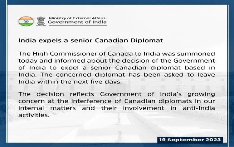 India expels senior Canadian diplomat, citing interference of Canadian diplomats in India's internal matters