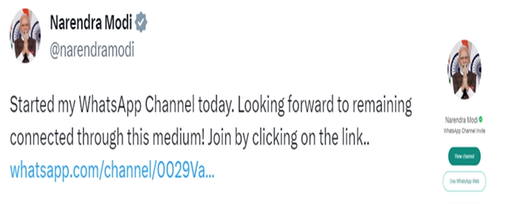 PM Narendra Modi joins WhatsApp channel