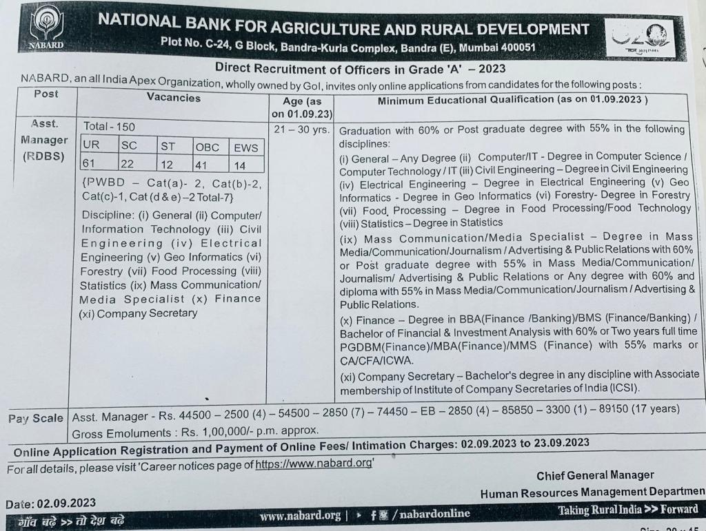 राष्ट्रीय कृषि और ग्रामीण विकास बैंक-नाबार्ड ने सहायक प्रबंधक ग्रेड-ए के 150 पदों पर नियुक्ति जारी की