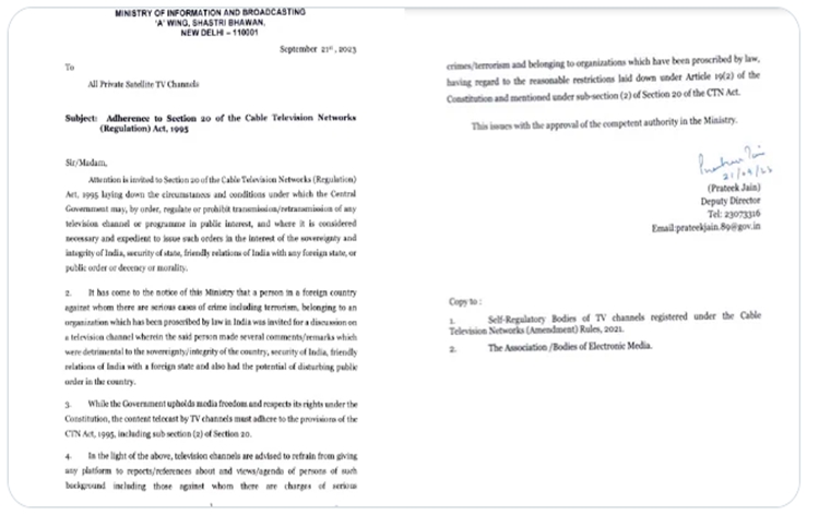 Govt advises television channels to refrain from giving platform to terrorist