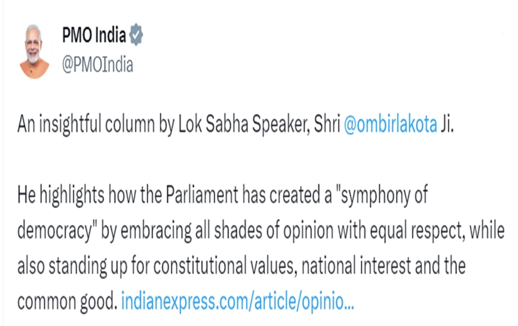 Lok Sabha Speaker's article highlights how the Parliament has created a “symphony of democracy”: PM Modi