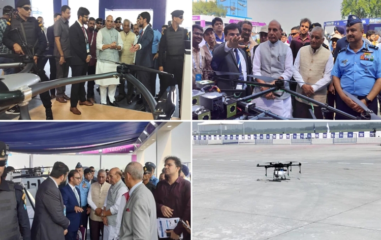 Raksha Mantri Rajnath Singh inaugurates Bharat Drone Shakti 2023 at IAF Hindon Airbase in Ghaziabad