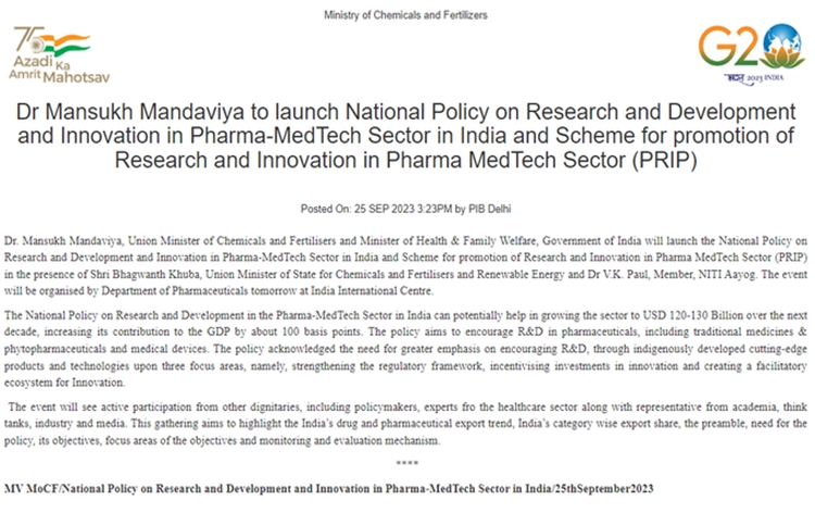 Union Minister Mansukh Mandaviya to launch National Policy on R&D and Innovation in Pharma-MedTech Sector