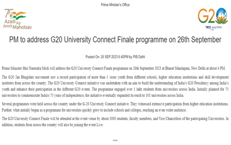 PM Modi to address G20 University Connect Finale program at Bharat Mandapam