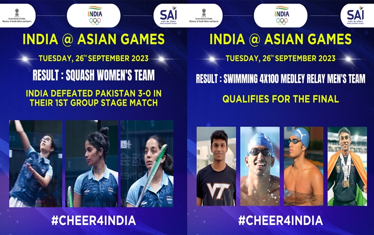 Asian Games Hangzhou 2023:  India beat Pakistan in squash by 3-0; Indian Men's 4x100m Medley Relay Team qualified for final