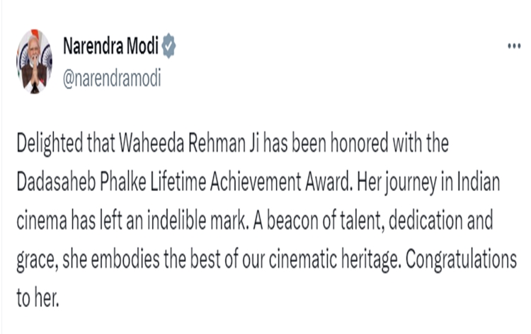PM Modi congratulates Veteran Actress Waheeda Rehman for being honoured with Dadasaheb Phalke Lifetime Achievement Award