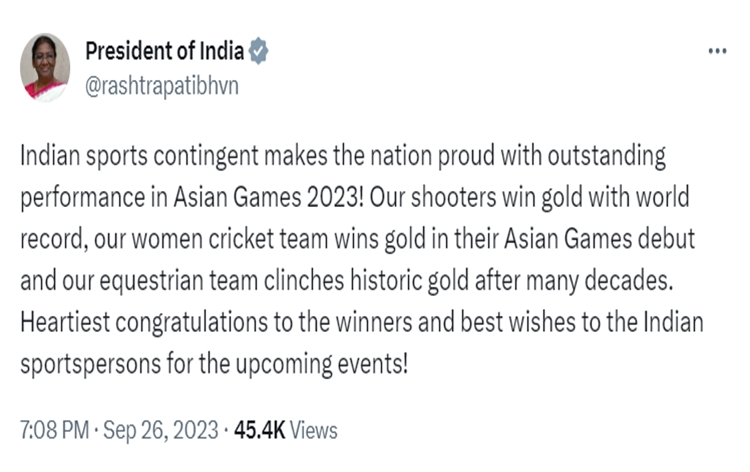 President Droupadi Murmu congratulates Indian sports contingent participating in Asian Games 2023, says they made nation proud with outstanding performance