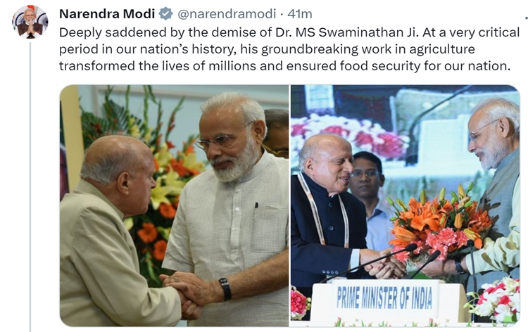 PM Narendra Modi expresses sadness at demise of architect of India's Green Revolution, Dr. MS Swaminathan