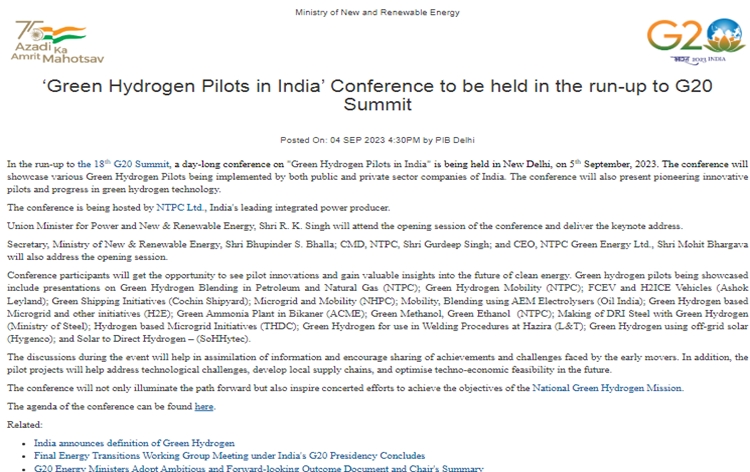 New Delhi: A day-long conference on 'Green Hydrogen Pilots in India' to be held tomorrow