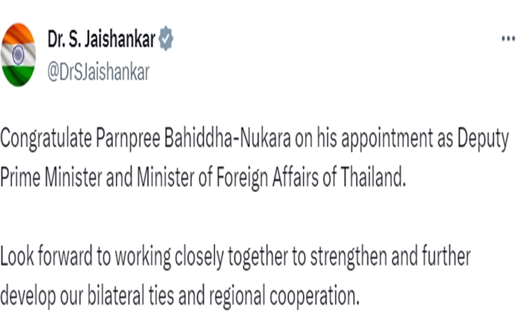 EAM Jaishankar congratulates Parnpree on his appointment as new Deputy PM of Thailand
