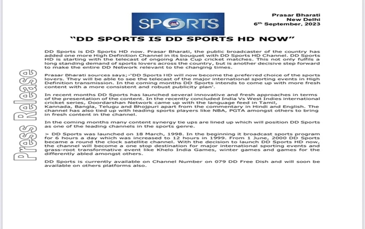 Prasar Bharati adds one more High-Definition Channel to its bouquet with DD Sports HD Channel