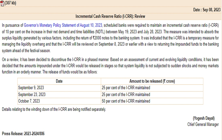 RBI decides to discontinue Incremental Cash Reserve Ratio in a phased manner